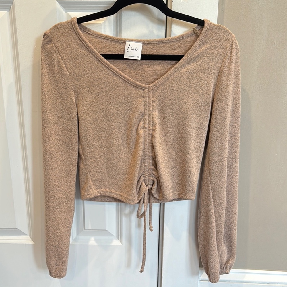 Luxe Cream Long Sleeve Crop Blouse with Tie Front